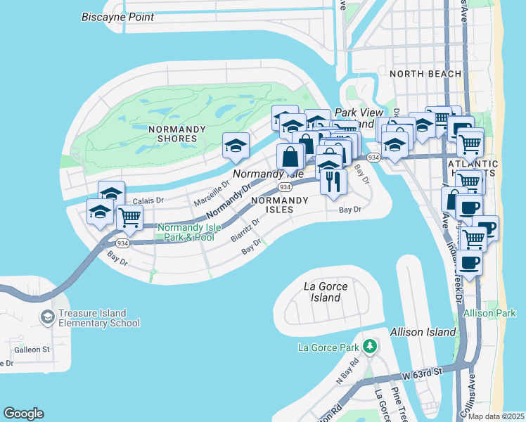 map of restaurants, bars, coffee shops, grocery stores, and more near 1369 Biarritz Drive in Miami Beach