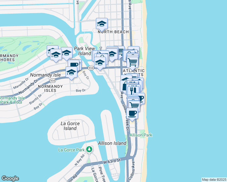 map of restaurants, bars, coffee shops, grocery stores, and more near 6830 Indian Creek Drive in Miami Beach