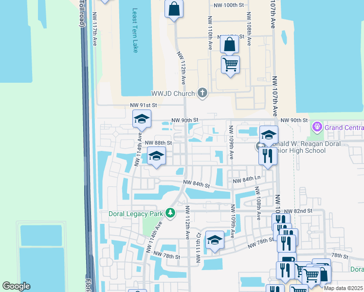 map of restaurants, bars, coffee shops, grocery stores, and more near 8711 Northwest 112th Court in Doral