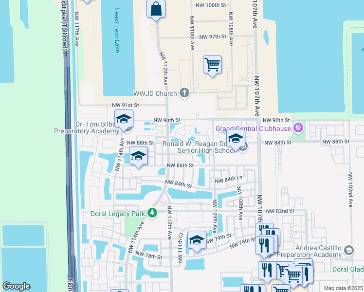 map of restaurants, bars, coffee shops, grocery stores, and more near 11053 Northwest 87th Lane in Doral