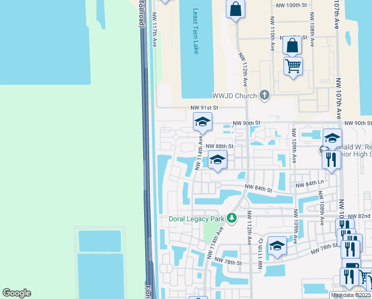 map of restaurants, bars, coffee shops, grocery stores, and more near 11450 Northwest 87th Lane in Doral