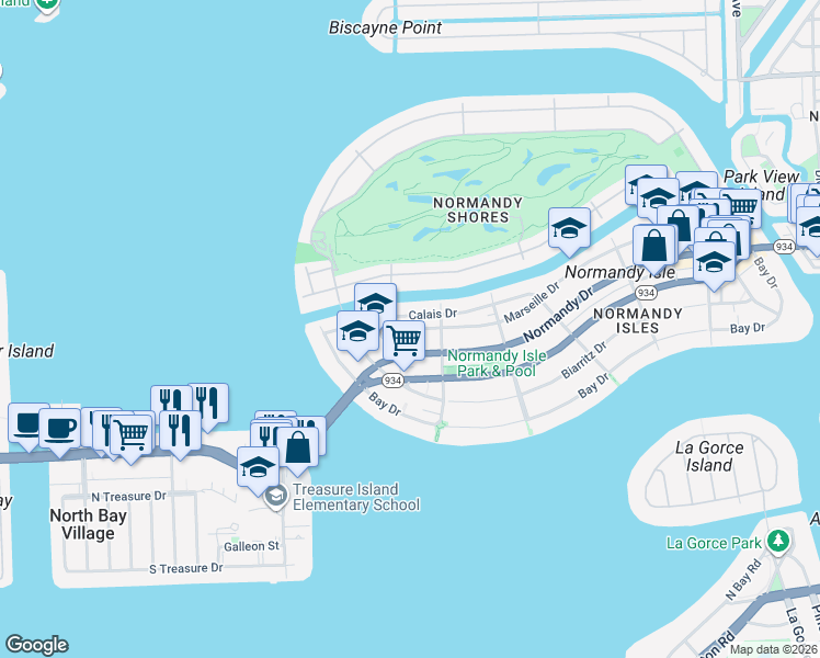 map of restaurants, bars, coffee shops, grocery stores, and more near 1955 Marseille Drive in Miami Beach