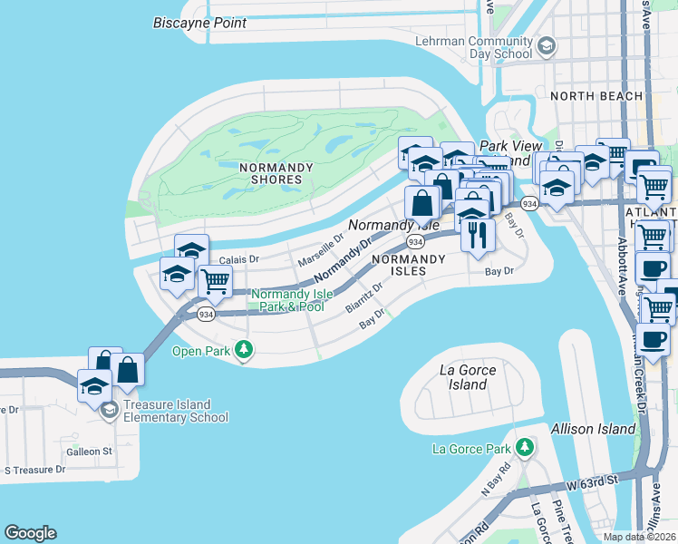 map of restaurants, bars, coffee shops, grocery stores, and more near 1555 71st Street in Miami Beach