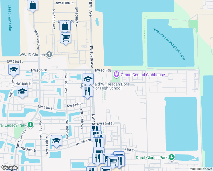 map of restaurants, bars, coffee shops, grocery stores, and more near 10600 Northwest 88th Street in Doral