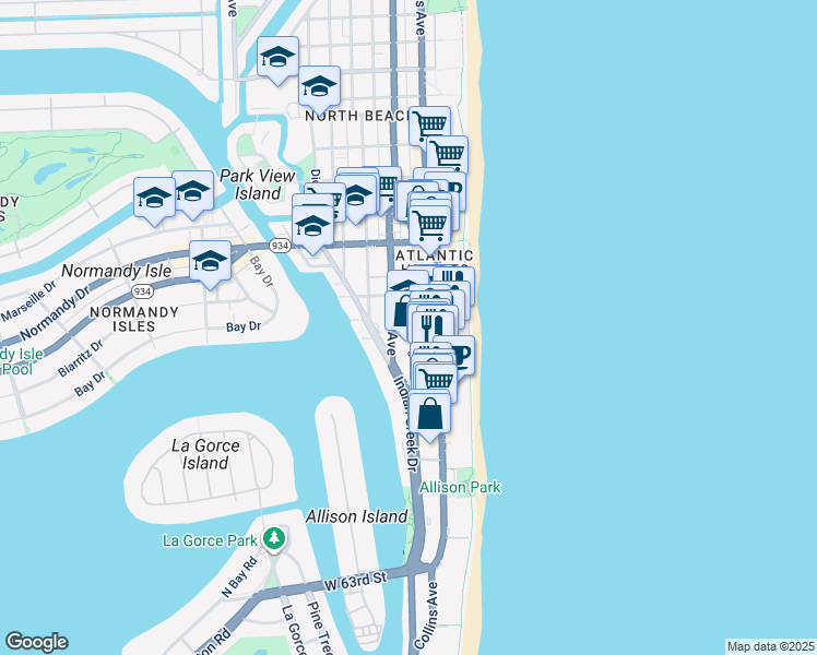 map of restaurants, bars, coffee shops, grocery stores, and more near 6800 Collins Avenue in Miami Beach