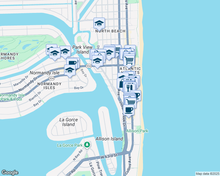 map of restaurants, bars, coffee shops, grocery stores, and more near 6830 Indian Creek Drive in Miami Beach