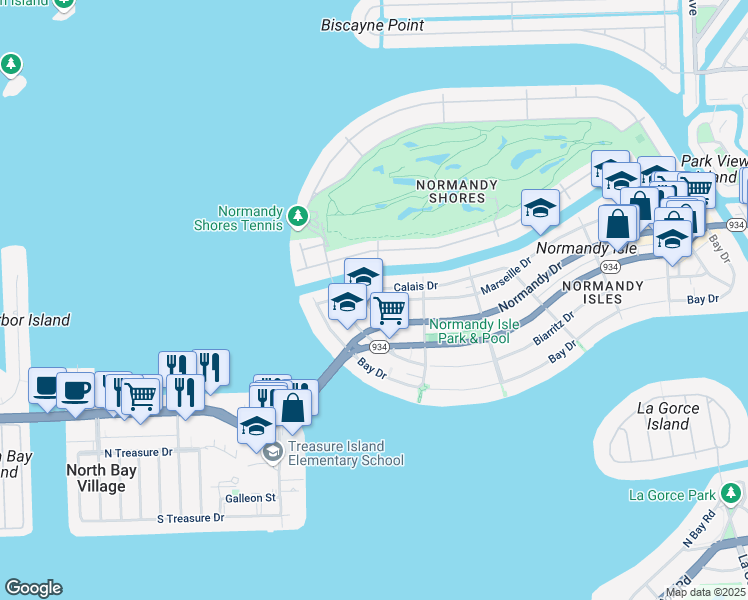 map of restaurants, bars, coffee shops, grocery stores, and more near 1990 Marseille Drive in Miami Beach