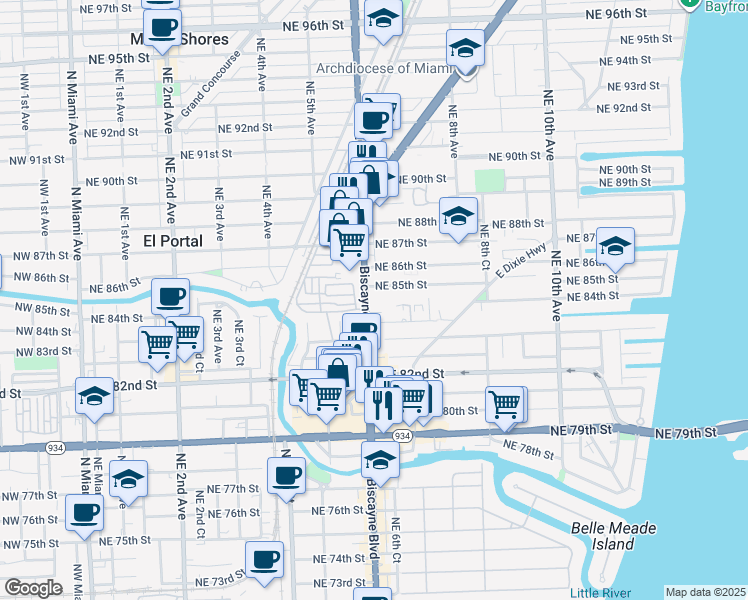 map of restaurants, bars, coffee shops, grocery stores, and more near 645 Northeast 83rd Terrace in Miami