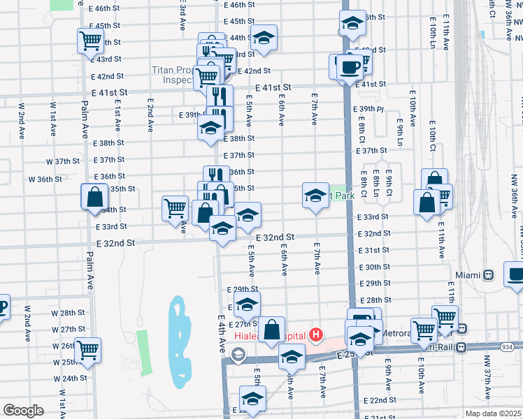 map of restaurants, bars, coffee shops, grocery stores, and more near 501 East 33rd Street in Hialeah
