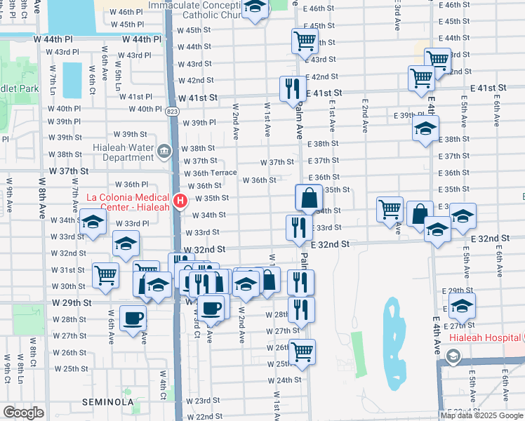 map of restaurants, bars, coffee shops, grocery stores, and more near 94 West 34th Street in Hialeah