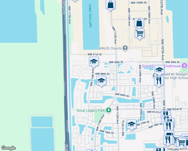 map of restaurants, bars, coffee shops, grocery stores, and more near 11360 Northwest 87th Lane in Medley