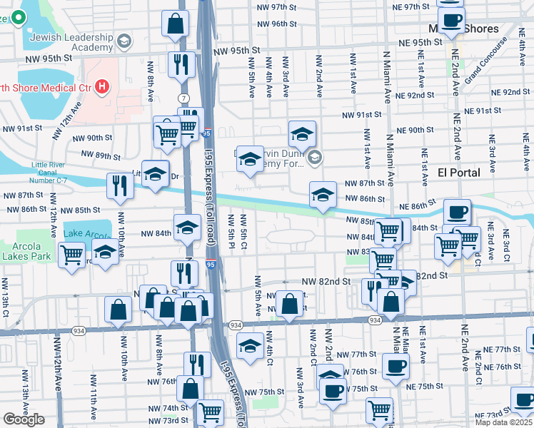 map of restaurants, bars, coffee shops, grocery stores, and more near 456 Northwest 85th Street Road in Miami