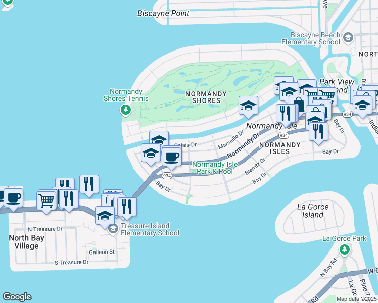 map of restaurants, bars, coffee shops, grocery stores, and more near 1900 Marseille Drive in Miami Beach