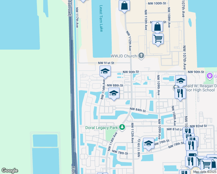 map of restaurants, bars, coffee shops, grocery stores, and more near 11360 Northwest 87th Lane in Medley
