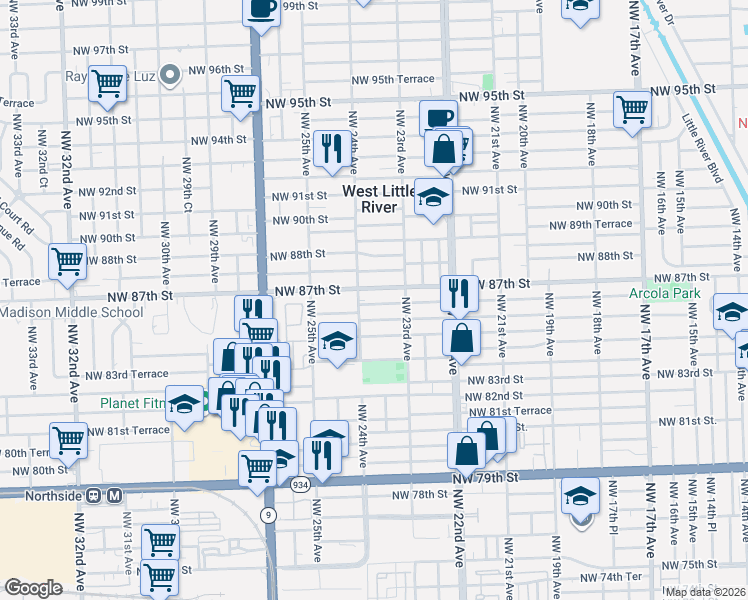 map of restaurants, bars, coffee shops, grocery stores, and more near 2345 Northwest 86th Street in Miami