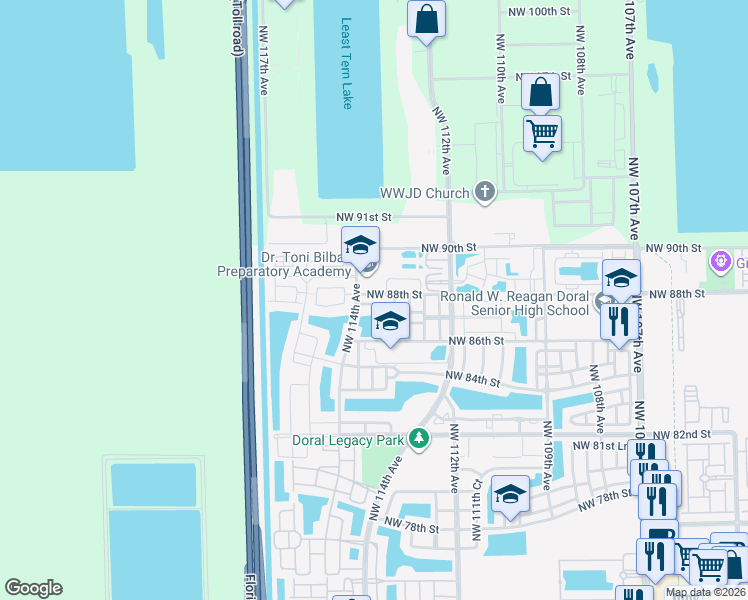 map of restaurants, bars, coffee shops, grocery stores, and more near 11360 Northwest 87th Lane in Medley