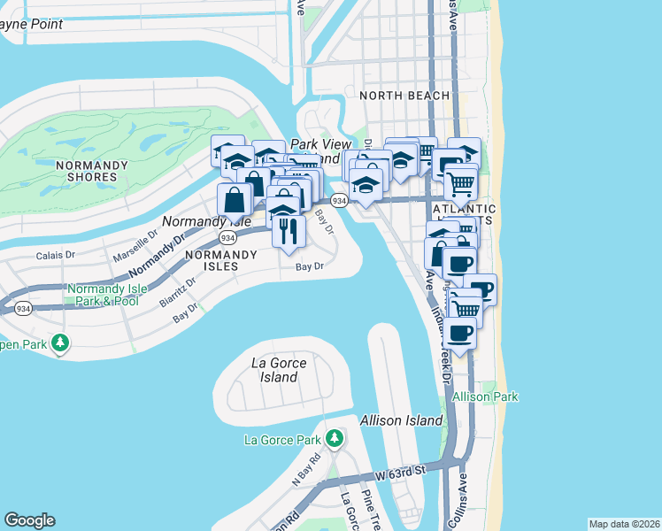 map of restaurants, bars, coffee shops, grocery stores, and more near 910 Bay Drive in Miami Beach