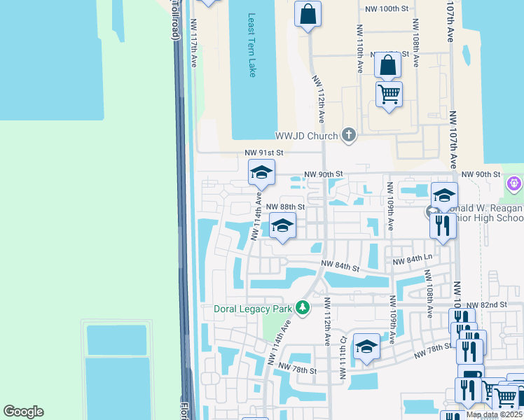 map of restaurants, bars, coffee shops, grocery stores, and more near 11360 Northwest 87th Lane in Medley