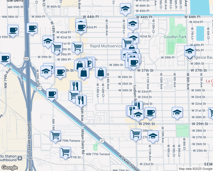 map of restaurants, bars, coffee shops, grocery stores, and more near 1371 West 34th Street in Hialeah