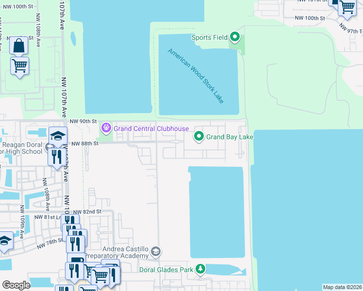 map of restaurants, bars, coffee shops, grocery stores, and more near 8770 Northwest 99th Path in Doral