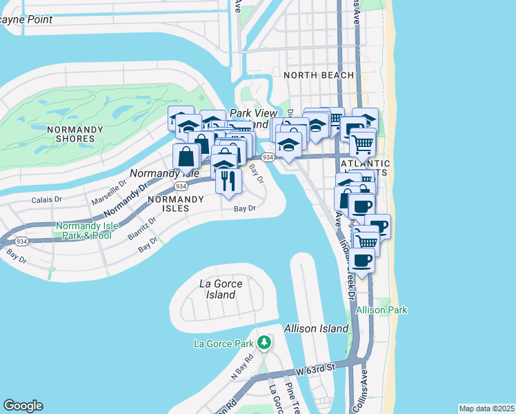 map of restaurants, bars, coffee shops, grocery stores, and more near 910 Bay Drive in Miami Beach