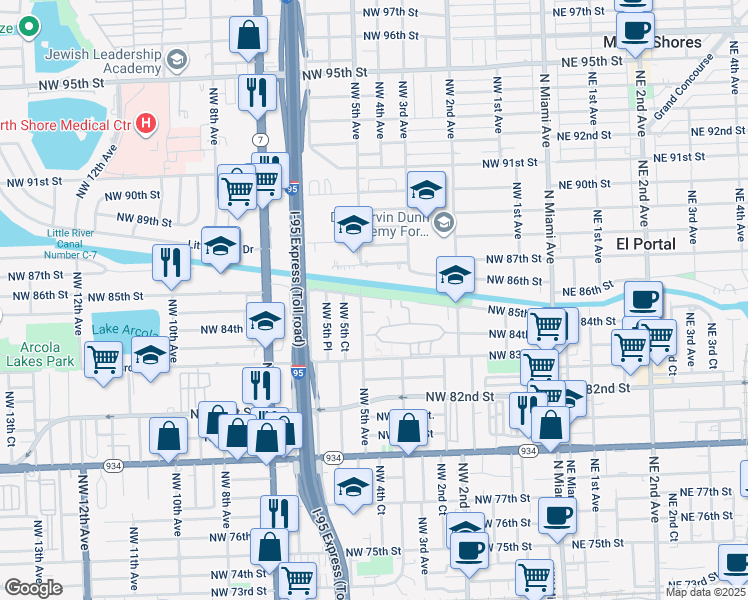map of restaurants, bars, coffee shops, grocery stores, and more near 474 Northwest 84th Lane in Miami