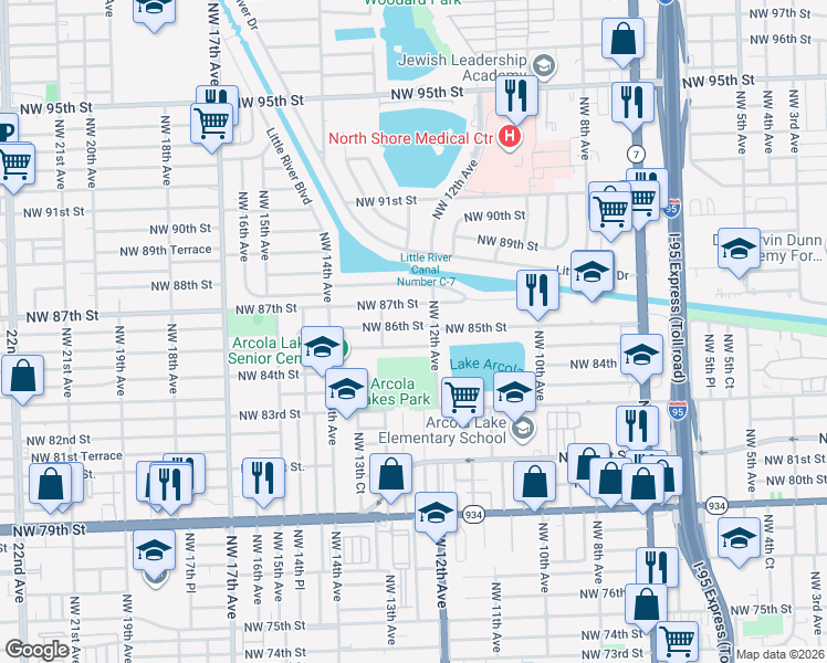 map of restaurants, bars, coffee shops, grocery stores, and more near 1250 Northwest 84th Terrace in Miami