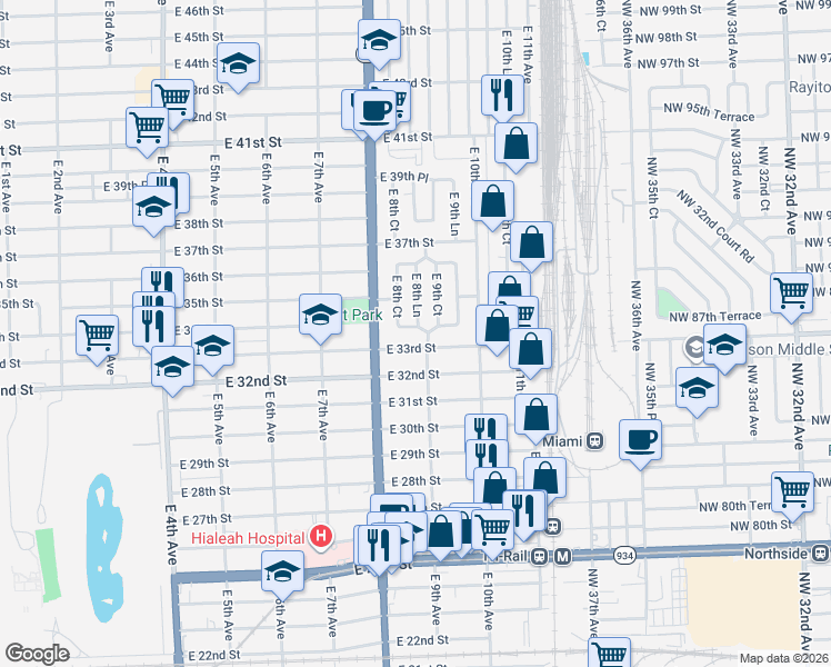 map of restaurants, bars, coffee shops, grocery stores, and more near 868 East 33rd Street in Hialeah