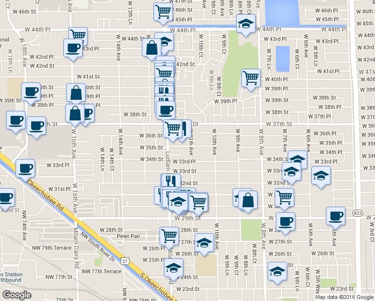 map of restaurants, bars, coffee shops, grocery stores, and more near 1155 West 33rd Place in Hialeah