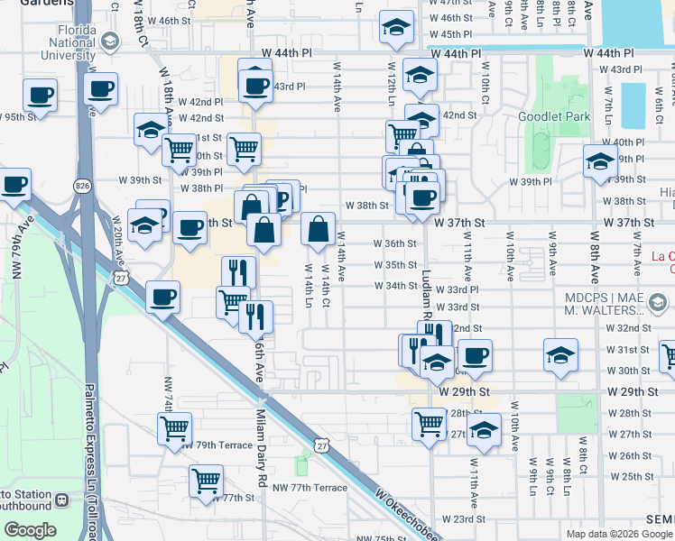 map of restaurants, bars, coffee shops, grocery stores, and more near 1371 West 34th Street in Hialeah