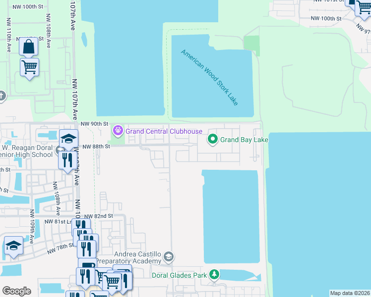 map of restaurants, bars, coffee shops, grocery stores, and more near 10015 Northwest 86th Terrace in Doral
