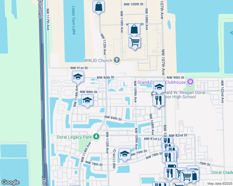 map of restaurants, bars, coffee shops, grocery stores, and more near 11037 Northwest 87th Lane in Hialeah