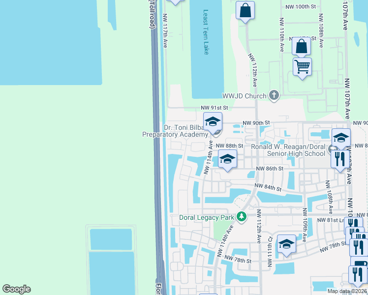map of restaurants, bars, coffee shops, grocery stores, and more near 11604 Northwest 87th Lane in Doral