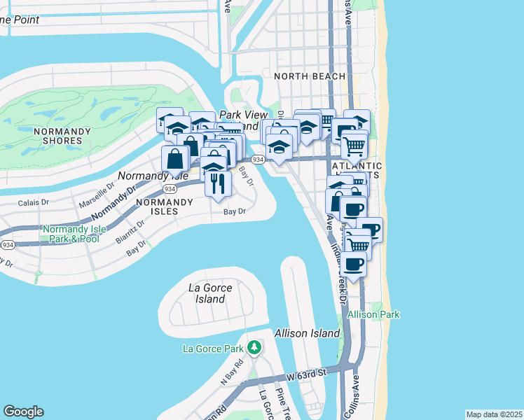 map of restaurants, bars, coffee shops, grocery stores, and more near 910 Bay Drive in Miami Beach