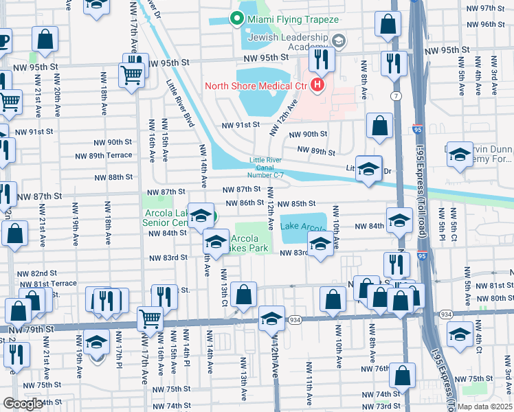 map of restaurants, bars, coffee shops, grocery stores, and more near 1250 Northwest 84th Terrace in Miami
