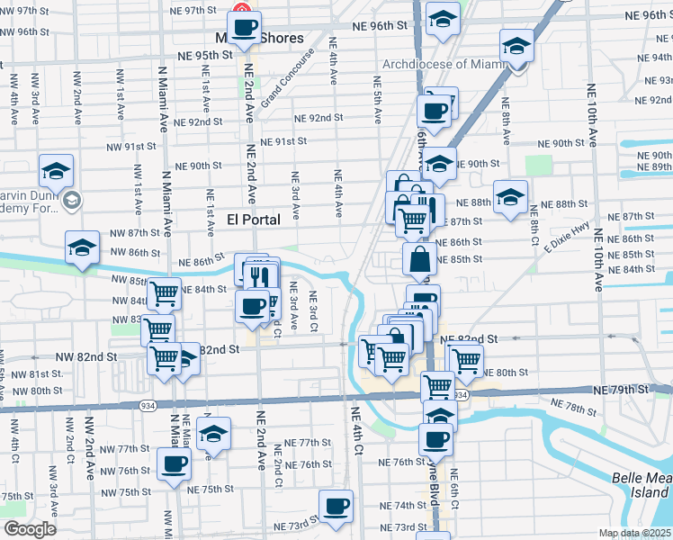 map of restaurants, bars, coffee shops, grocery stores, and more near 386 Northeast 85th Street in El Portal