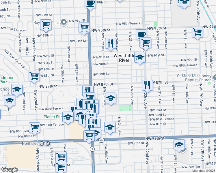 map of restaurants, bars, coffee shops, grocery stores, and more near 2480 Northwest 86th Street in Miami