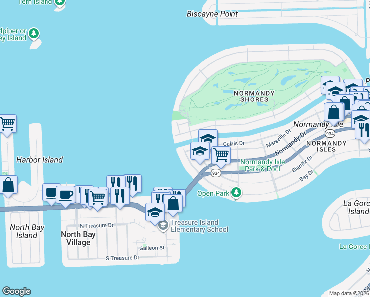 map of restaurants, bars, coffee shops, grocery stores, and more near 2180 Bay Drive in Miami Beach