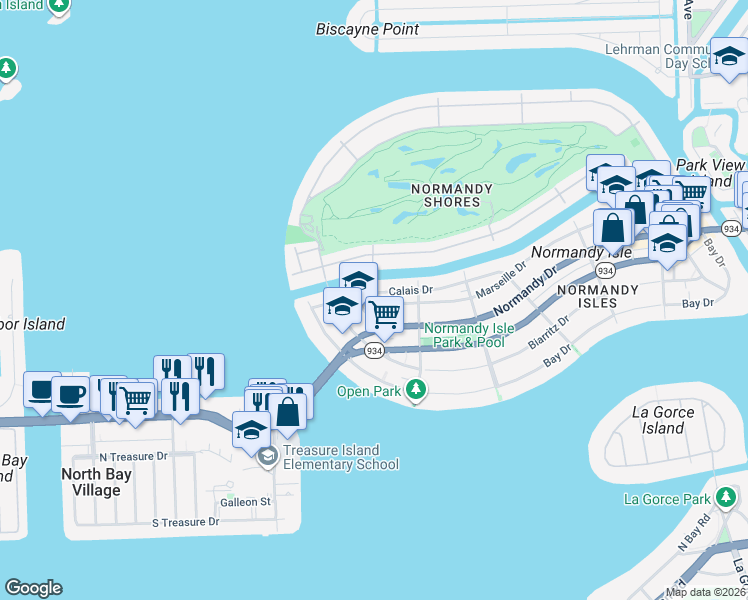 map of restaurants, bars, coffee shops, grocery stores, and more near 1990 Marseille Drive in Miami Beach