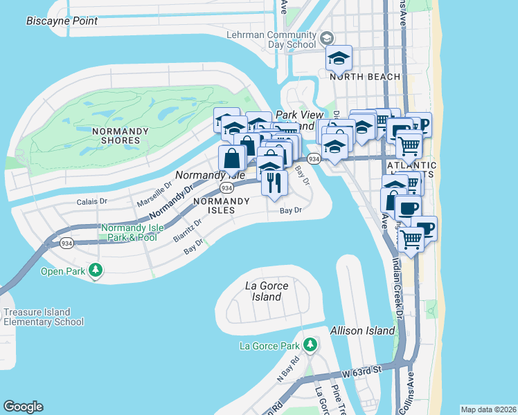 map of restaurants, bars, coffee shops, grocery stores, and more near 1109 Biarritz Drive in Miami Beach