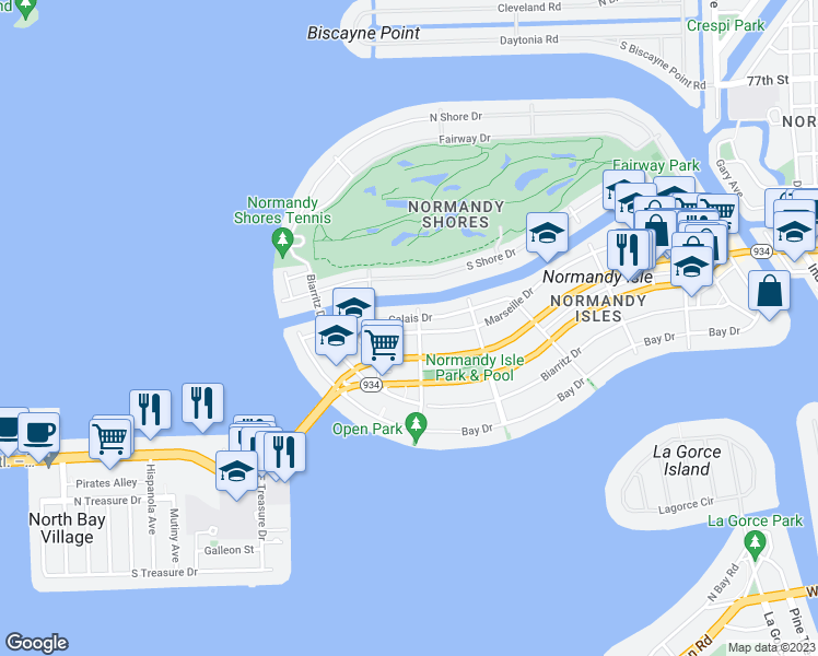 map of restaurants, bars, coffee shops, grocery stores, and more near 1907 Marseille Drive in Miami Beach