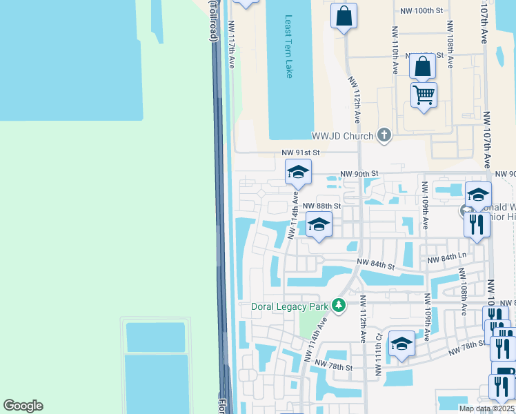map of restaurants, bars, coffee shops, grocery stores, and more near 11601 Northwest 89th Street in Doral