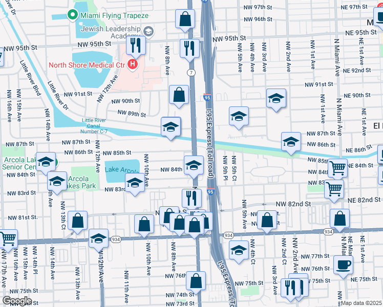 map of restaurants, bars, coffee shops, grocery stores, and more near 716 Northwest 85th Street in Miami