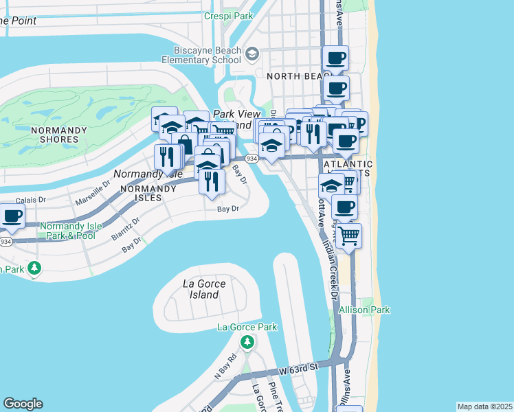 map of restaurants, bars, coffee shops, grocery stores, and more near 900 Bay Drive in Miami Beach