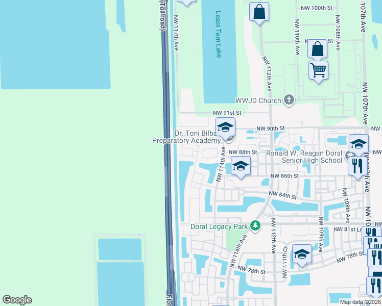 map of restaurants, bars, coffee shops, grocery stores, and more near 11601 Northwest 89th Street in Doral
