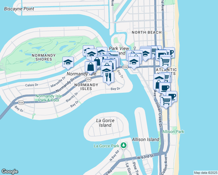 map of restaurants, bars, coffee shops, grocery stores, and more near 1007 Bay Drive in Miami Beach