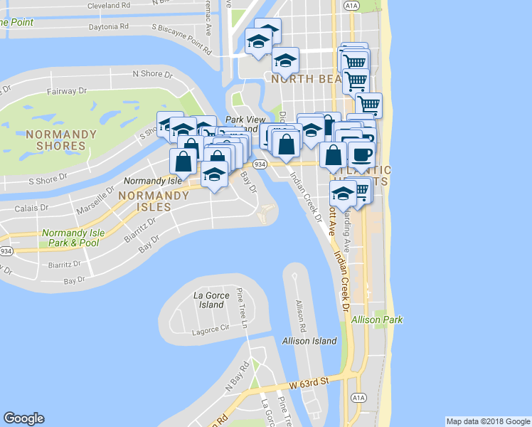 map of restaurants, bars, coffee shops, grocery stores, and more near 900 Bay Drive in Miami Beach