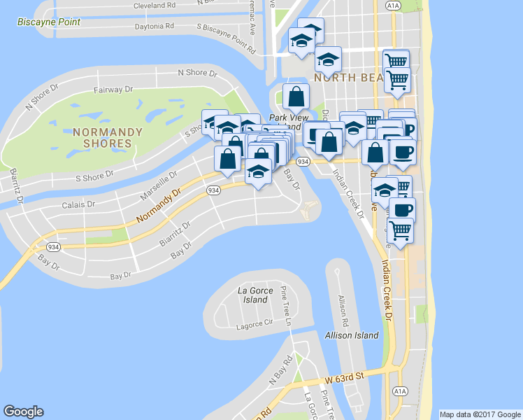 map of restaurants, bars, coffee shops, grocery stores, and more near 965-975 Biarritz Drive in Miami Beach