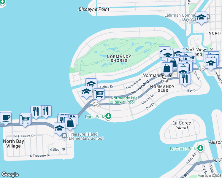 map of restaurants, bars, coffee shops, grocery stores, and more near 1915 Calais Drive in Miami Beach