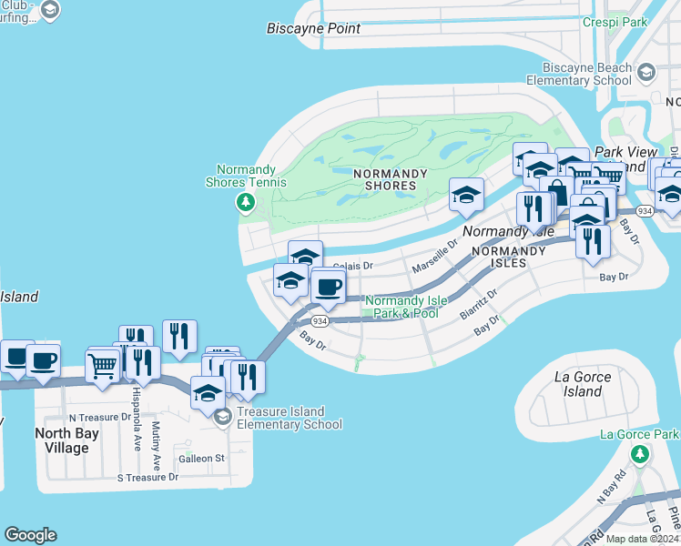 map of restaurants, bars, coffee shops, grocery stores, and more near 1915 Calais Drive in Miami Beach